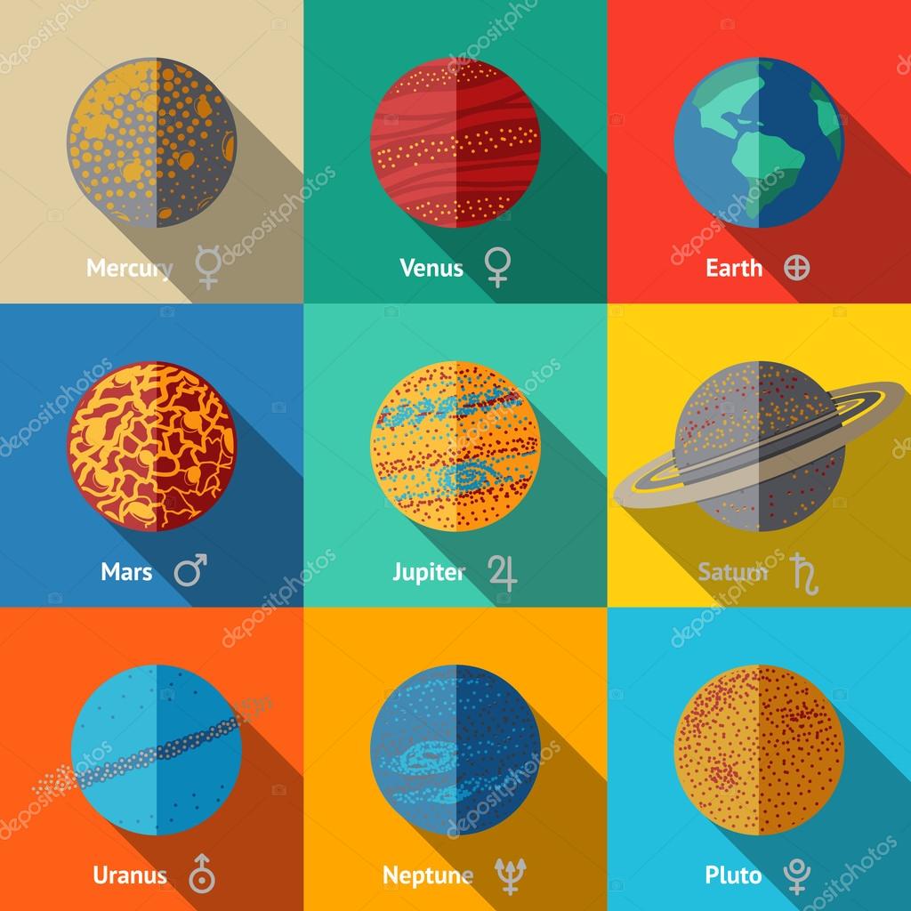 Flat icons set - planets with names and astronomical symbols - mercury and venus, earth, mars, jupiter, saturn, uranus, neptune, pluto. Vector illustration