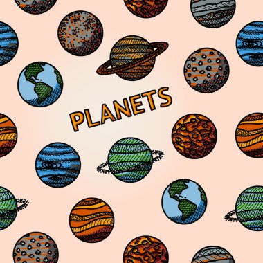 hand drawn planet pattern with - mercury, venus, earth, mars, jupiter, saturn, uranus, neptune, pluto. Vector