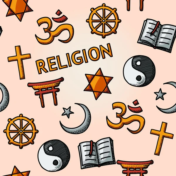 世界宗教作为象征主义的手绘制无缝模式-基督教、 犹太教、 伊斯兰教、 佛教、 印度教、 道教、 神道和书. — 图库矢量图片