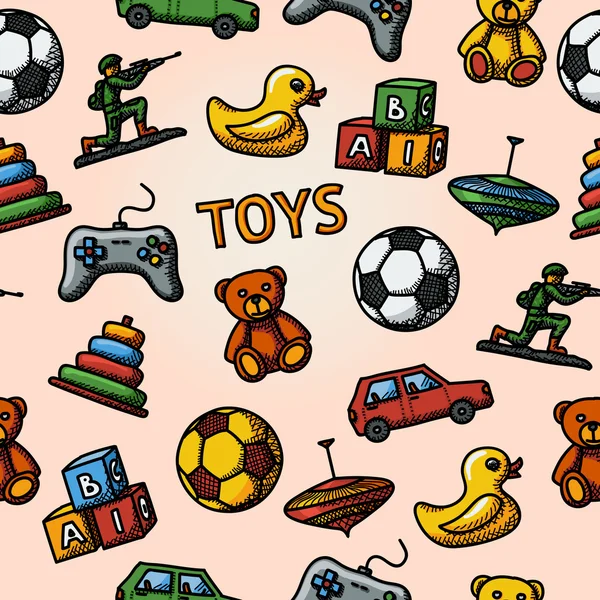 Brinquedos sem costura padrão desenhado à mão com - carro, pato, urso, pirâmide, bola, controlador de jogo, blocos, whirligig, soldado. Vetor —  Vetores de Stock