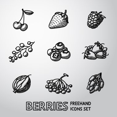 Freehand çilek simgeler - kiraz, çilek, ahududu, frenk üzümü, yaban mersini, bektaşi üzümü, rowan, goji kümesi. Vektör