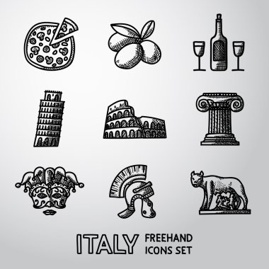 İtalya serbest simgeleri - pizza, zeytin, dizi şarap, Pisa Kulesi, Colosseum, sütun, venecian maskesi, lejyonerler dümen, Lupa Capitolina. Vektör