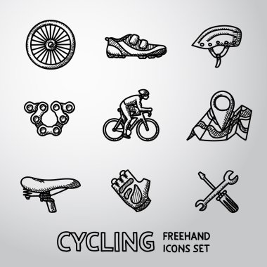 Ayarla Bisiklete binme serbest simgeleri - tekerlek, Ayakkabı, kask, zincir, bisikletçi, harita gps, eyer, eldiven, onarım araçları ile. Vektör