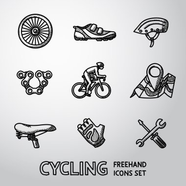 Set of Cycling freehand icons  - wheel, shoe, helmet, chain, cyclist, map with gps, saddle, glove, repair tools. Vector clipart