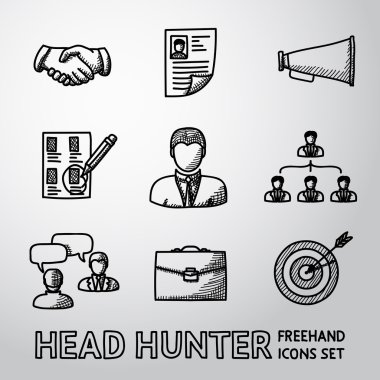 Handdrawn Head Hunter simgeler - el sıkışma, özgeçmiş, ağızlık, seçim, çalışan, hiyerarşi, röportaj, Portföy, Merkezi ok ile hedef kümesi. Vektör
