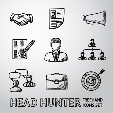 Set of handdrawn Head Hunter icons  - handshake, resume, mouthpiece, choice, employee, hierarchy, interview, portfolio, target with arrow in center. Vector clipart