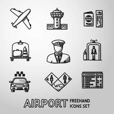 Set of handdrawn AIRPORT icons - airplane, airport, passport and ticket, luggage, pilot,gates, taxi, toilet icons, scoreboard. vector vector