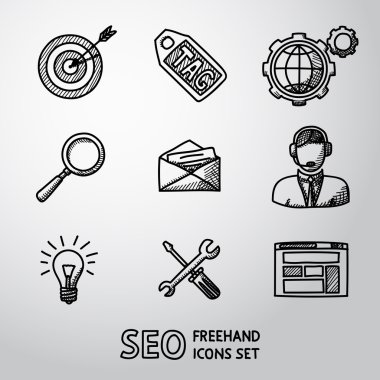 Set of SEO handdrawn icons - target with arrow, tag, world, magnifier, mail, support, idea, instruments, site. Vector clipart