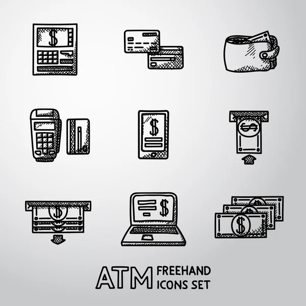 Set von Freihand-Bankomatsymbolen mit - Geldautomat, Karten, Portemonnaie, tragbarer Geldautomat, Smartphone, Überweisung, Notizbuch, Rechnungen. Vektor — Stockvektor