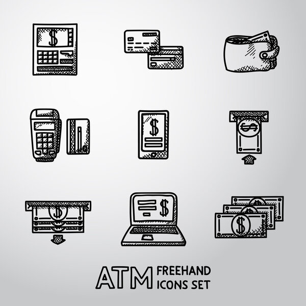 Набор бесплатных иконок банкомата - банкомат, карточки, бумажник, портативный банкомат, смартфон, денежный перевод, ноутбук, счета. Вектор
