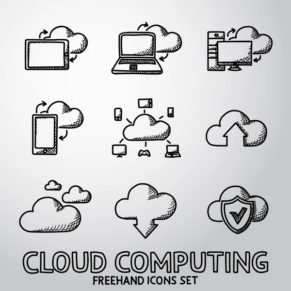 Conjunto de ícones de computação em nuvem desenhados à mão. Vetor — Vetor de Stock