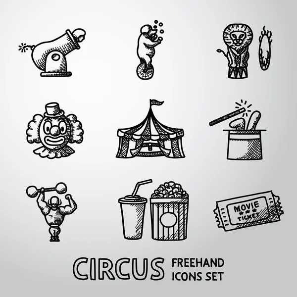 Conjunto de iconos a mano alzada de CIRCUS con payaso, cañón, oso, león, sombrero de mago, hombre fuerte, ticket, cola y palomitas de maíz. Vector — Archivo Imágenes Vectoriales