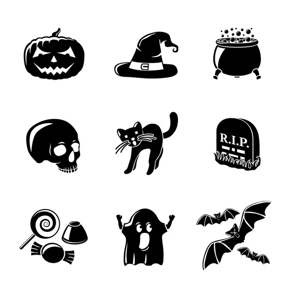 Set di icone monocromatiche HALLOWEEN zucca, cappello da strega, calderone, cranio, gatto, tomba, caramelle, fantasma, pipistrelli. Vettore — Vettoriale Stock