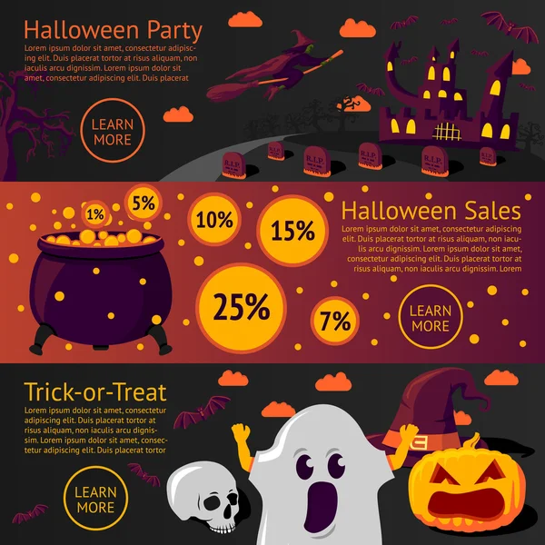 Conjunto de pancartas planas de Halloween - Fiesta de Halloween, Venta, Truco o trato. Vector — Archivo Imágenes Vectoriales