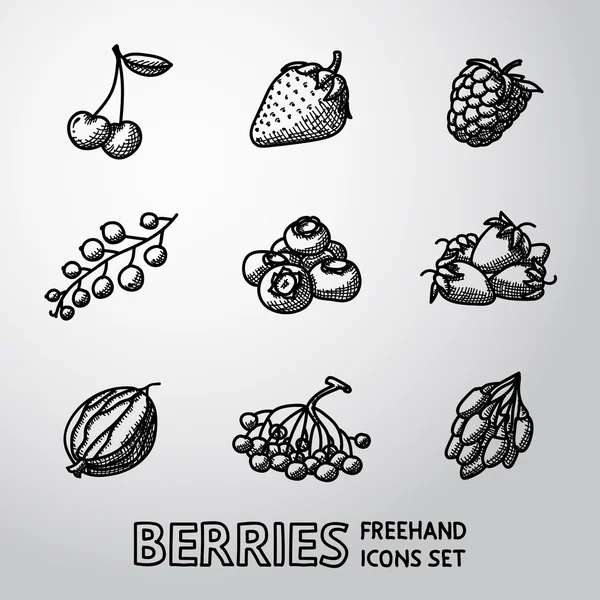 Set of freehand BERRIES icons - cherry, strawberry, raspberry, currant, blueberry, gooseberry, rowan, goji. Vector — Stock Vector