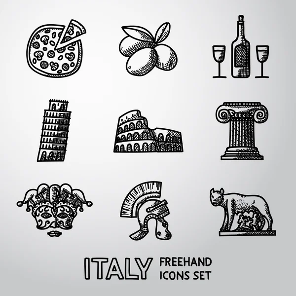 Olaszország szabadkézi ikonok - pizza, olajbogyó, a bor, a Pisa torony, Colosseum, oszlop, venecian maszk, légiós, Helm, Lupa Capitolina. Vektor — Stock Vector