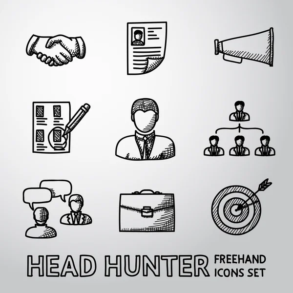 Set of handdrawn Head Hunter icons  - handshake, resume, mouthpiece, choice, employee, hierarchy, interview, portfolio, target with arrow in center. Vector — Stock Vector