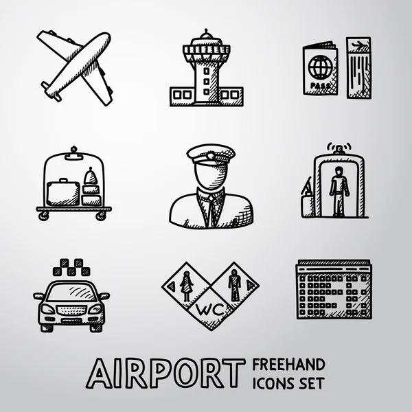 Set van handgetekende vliegveld pictogrammen - vliegtuig, luchthaven, paspoort en ticket, Bagage, piloot, poorten, taxi, WC pictogrammen, scorebord. vector — Stockvector