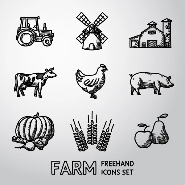 Conjunto de iconos de la granja a mano alzada - tractor, molino de viento, granero, vaca, pollo, cerdo, verduras, trigo, frutas. Vector — Archivo Imágenes Vectoriales