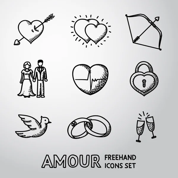 Handgezeichnete Liebe, Amour-Ikonen - Herz mit Pfeil, zwei Herzen, Amor-Bogen, Paar, Puls, Spind, Vogel, Ringe, Sekt. Vektor — Stockvektor