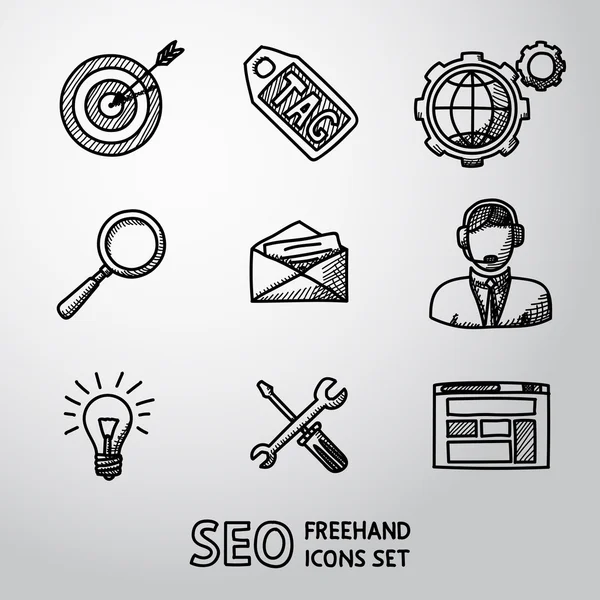 Set of SEO handdrawn icons - target with arrow, tag, world, magnifier, mail, support, idea, instruments, site. Vector — Stock Vector