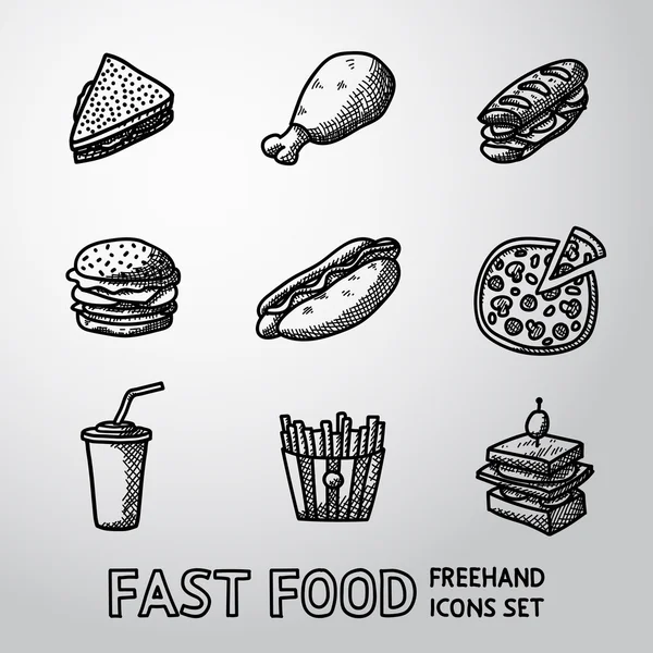Conjunto de iconos de comida rápida a mano alzada: sándwich, pollo, hamburguesa, hot dog, pizza, papas fritas, canapé, soda. Vector — Vector de stock
