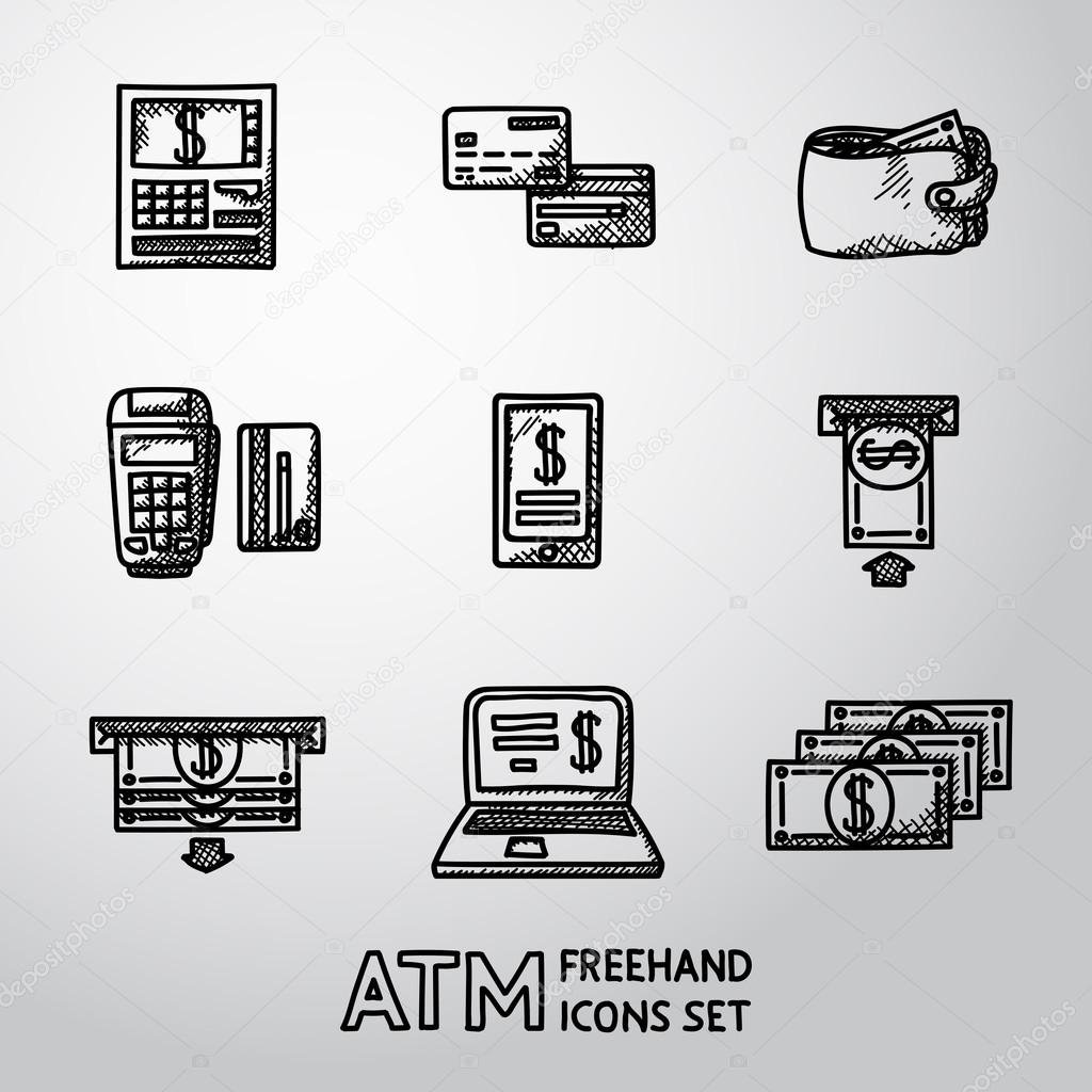 Set Of Freehand Atm Icons With At!   m Cards Wallet - 