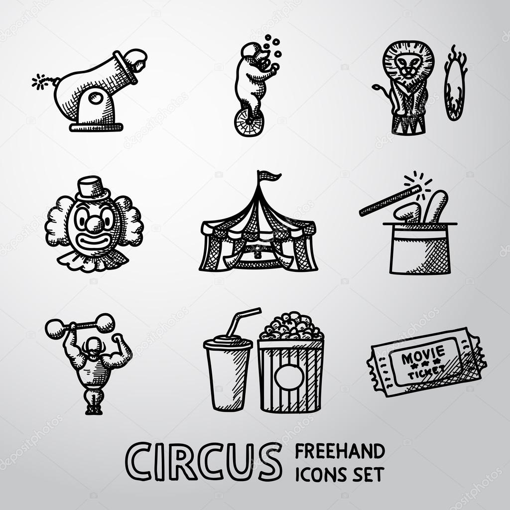 Set of CIRCUS freehand icons with - clown, cannon, bear, lion, magician hat, strongman, ticket, cola and popcorn. Vector