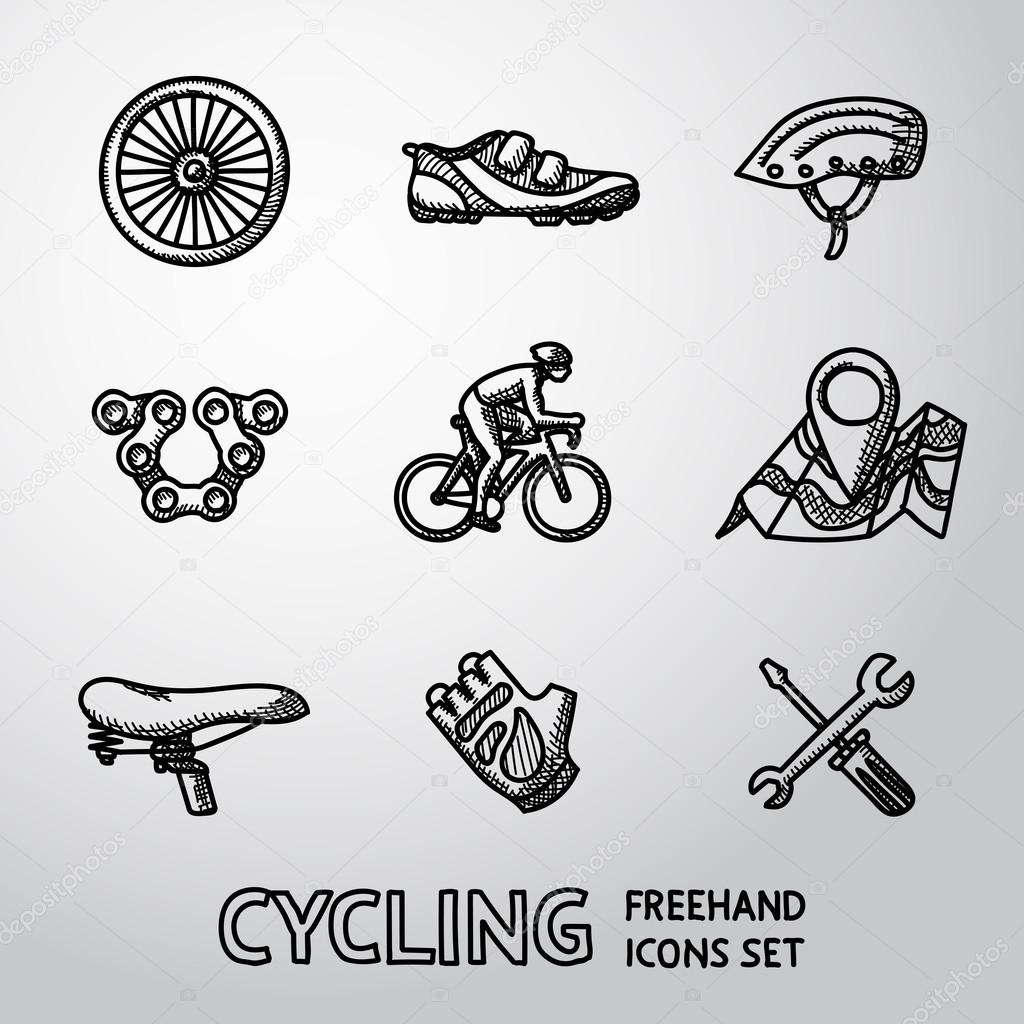 Set of Cycling freehand icons  - wheel, shoe, helmet, chain, cyclist, map with gps, saddle, glove, repair tools. Vector