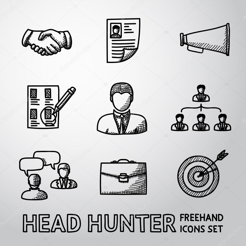 Set of handdrawn Head Hunter icons  - handshake, resume, mouthpiece, choice, employee, hierarchy, interview, portfolio, target with arrow in center. Vector