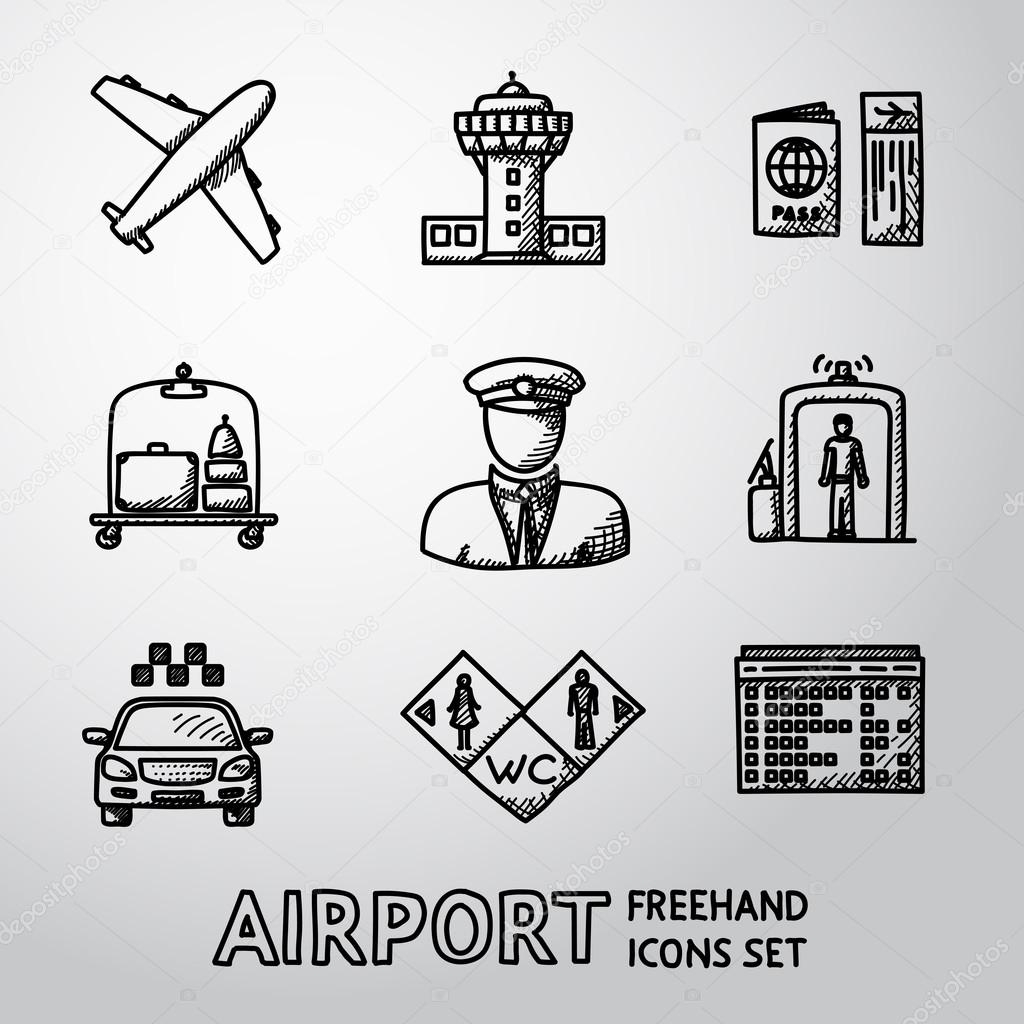 Set of handdrawn AIRPORT icons - airplane, airport, passport and ticket, luggage, pilot,gates, taxi, toilet icons, scoreboard. vector