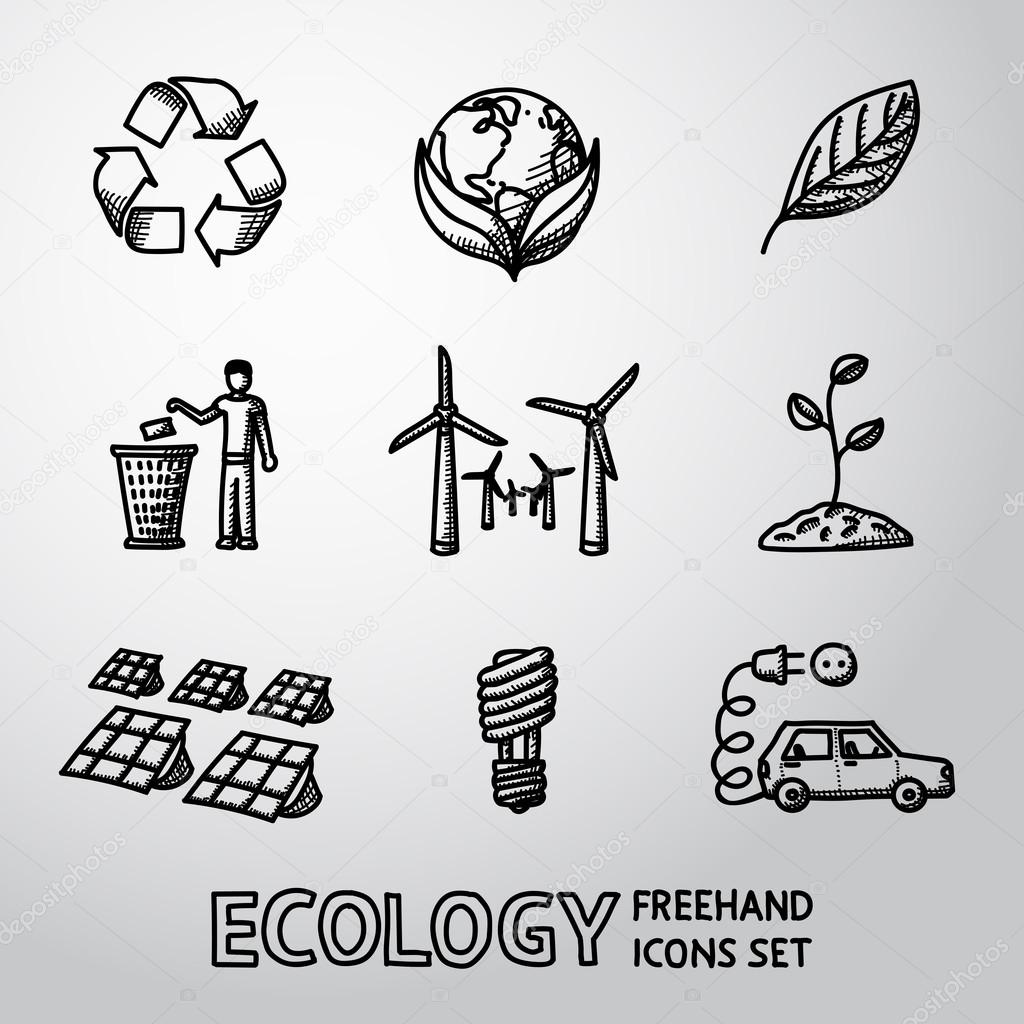 Set of handdrawn ECOLOGY icons  - recycle sign, green earth, leaf, garbage disposal, wind and solar power stations, plant, light bulb, electro car. Vector