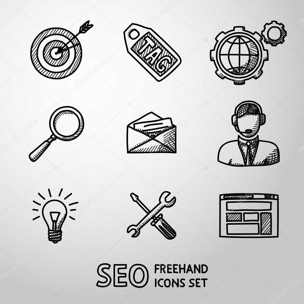 Set of SEO handdrawn icons - target with arrow, tag and world, magnifier, mail, support, idea, instruments, site. Vector illustration