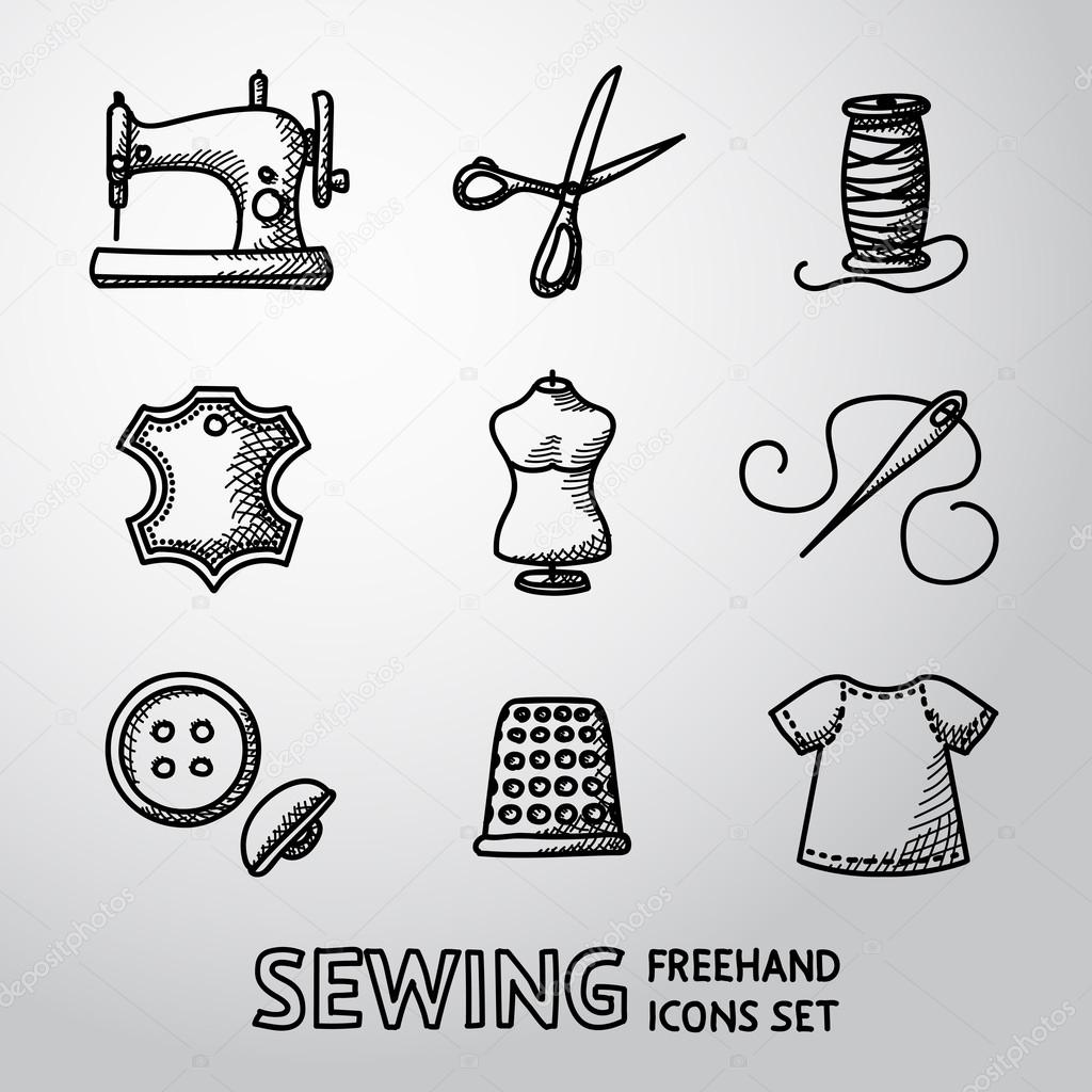 Set of handdrawn sewing icons - sewing machine, scissors and thread, leather tag,mannequin, needle, buttons, thimble, fabric. Vector illustration
