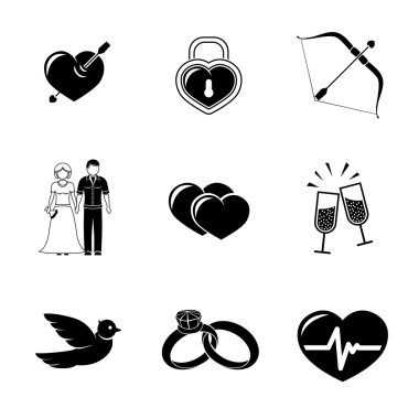 Aşk, Amour simgeler - kalp ok, iki kalp, aşk tanrısı yay, çift, darbe, soyunma, kuş, yüzük, şampanya ile kümesi. Vektör