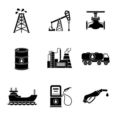 Petrol simgeler - varil, benzin istasyonu, kuleleri, tanker, kamyon, bitki, Vana kümesi. Vektör