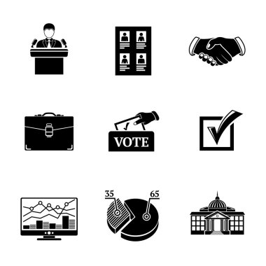 Seçim simgeleri - votebox, el sıkışma, Portföy, oy listesi, konuşan adam, infographics, dizi işareti kontrol edin, Beyaz Saray. vektör