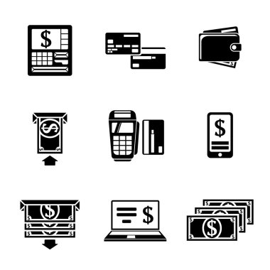 Set of ATM monochrome icons with - ATM, cards, wallet, portable atm, smartphone, money transfer, notebook, bills. Vector
