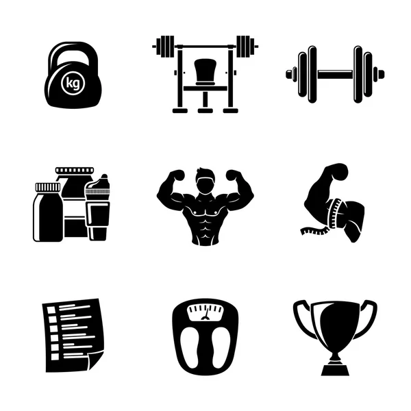 Set of Bodybuilding icons with - dumbbell, weight, bodybuilder, scales, gainer, shaker, measuring, barbell, schedule, goblet. Vector — Stock Vector