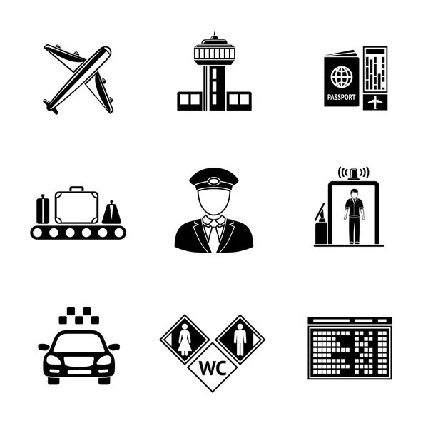 Set di icone AEROPORTO - aereo, aeroporto, passaporto e biglietto, bagagli, pilota, cancelli, taxi, icone WC, tabellone segnapunti. vettore — Vettoriale Stock