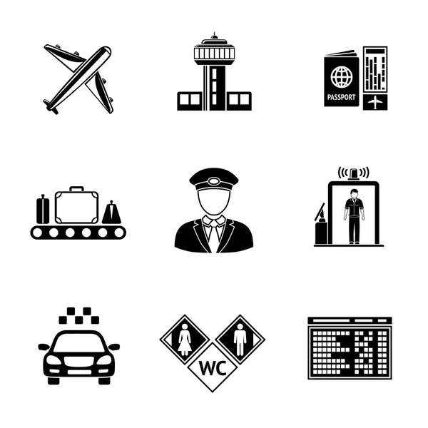 Conjunto de iconos de AEROPUERTO - Avión, aeropuerto, pasaporte y billete, equipaje, piloto, puertas, taxi, inodoro iconos, marcador. vector — Vector de stock