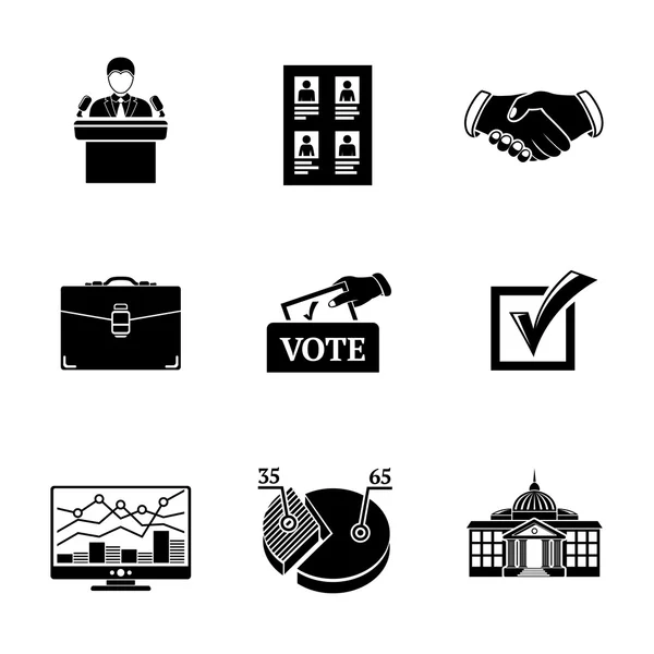 Ensemble d'icônes ELECTION - boîte de vote, poignée de main, portefeuille, liste de vote, homme parlant, infographie, coche, maison blanche. vecteur — Image vectorielle