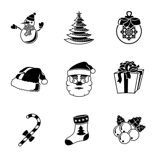 Ensemble d'icônes de Noël bonhomme de neige, arbre, chaussette, chapeau, Père Noël, bonbons, cadeau, boule, gui. Vecteur — Image vectorielle