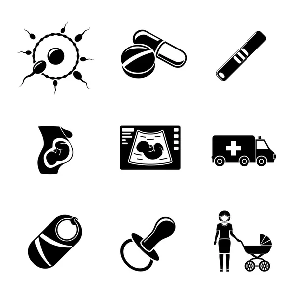 Set van zwangerschap iconen met - ei- en zaadcellen, pillen, test, baarmoeder, echografie, ambulance auto, tepel, kind, moeder. Vector — Stockvector