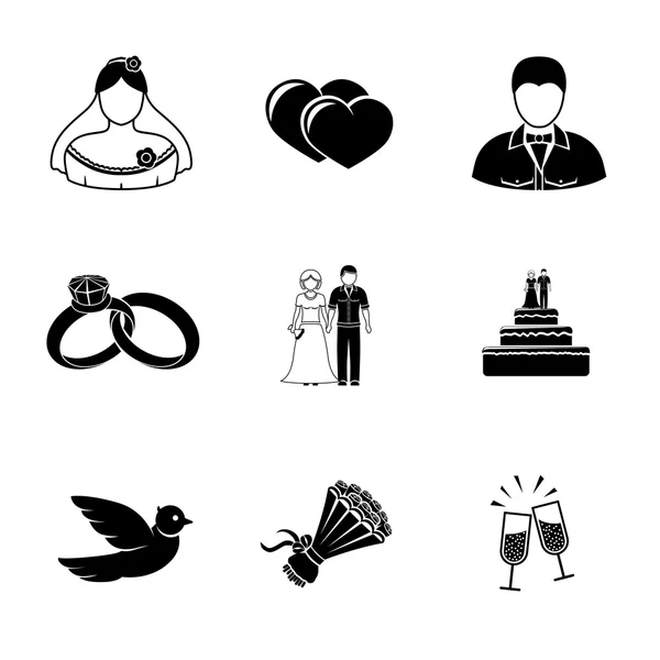 Set of wedding icons - cake, flowers, dove, champagne, rings, couple, bride, hearts, groom. Vector — Stock Vector