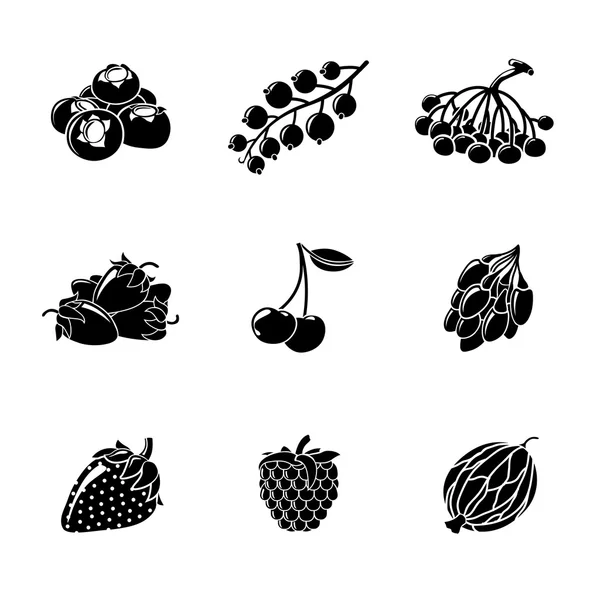 Set of monochrome BERRIES icons - cherry, strawberry, raspberry, currant, blueberry, gooseberry, rowan, goji. Vector — Stock Vector