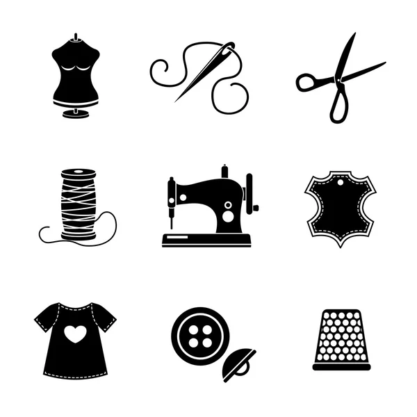 Conjunto de iconos de costura - máquina, tijeras, hilo, etiqueta de cuero, maniquí, aguja, botones, dedal, tela. Vector Ilustraciones de stock libres de derechos