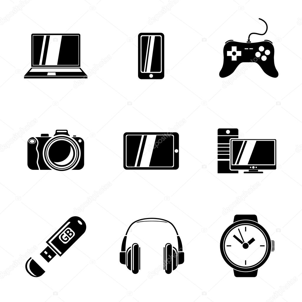 Set of GADGET icons with - notebook, phone, gamepad, photo camera, tablet, pc, flash card, headphones, watches. Vector