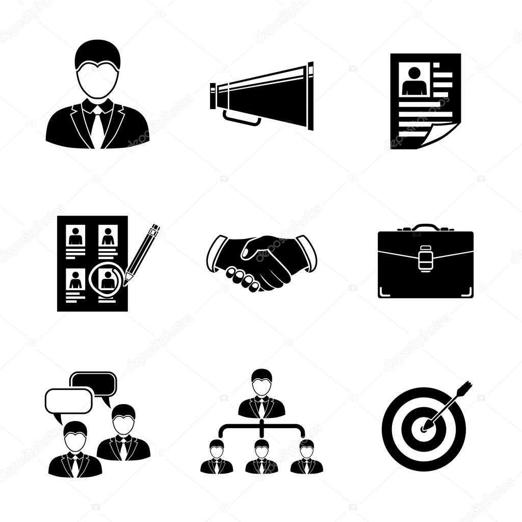 Set of Head Hunter icons with - handshake, resume, mouthpiece, choice, employee, hierarchy, interview, portfolio, target with arrow in center. Vector illustration