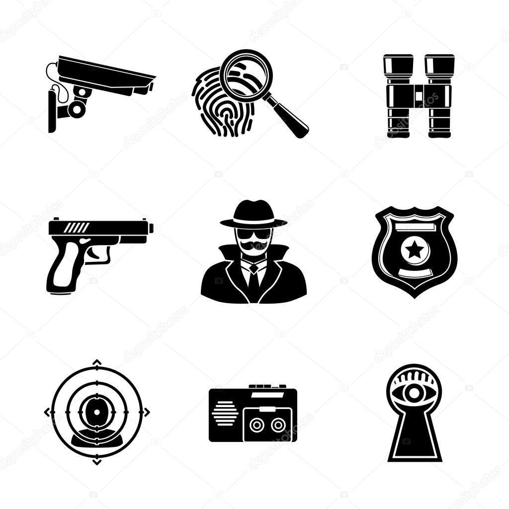 Set of Spy icons - fingerprint, spy, gun, binocular, eye in keyhole, badge, surveillance camera, rear sight, dictaphone. Vector
